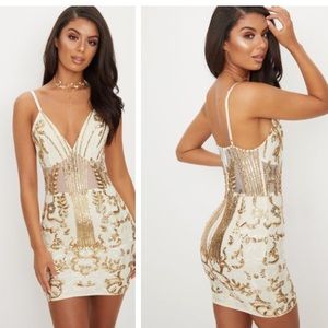 Gold Sheer Strappy Panel Sequin Bodycon Dress